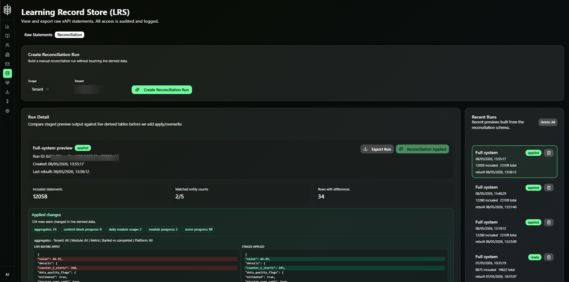 Redacted analytics reconciliation interface