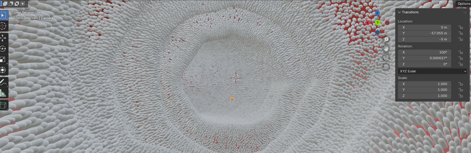 Blender scene showing the dense 3D bowel model used as the source for the texture bake