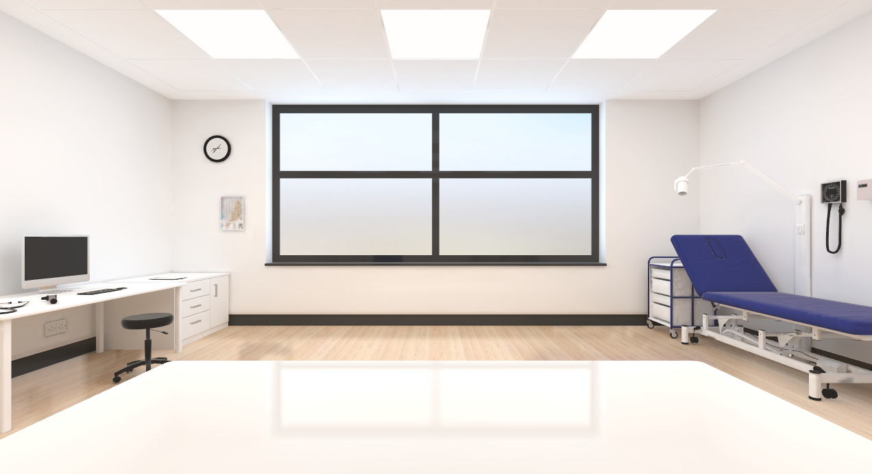 Finished clinical consultation room environment with baked lighting and reworked materials