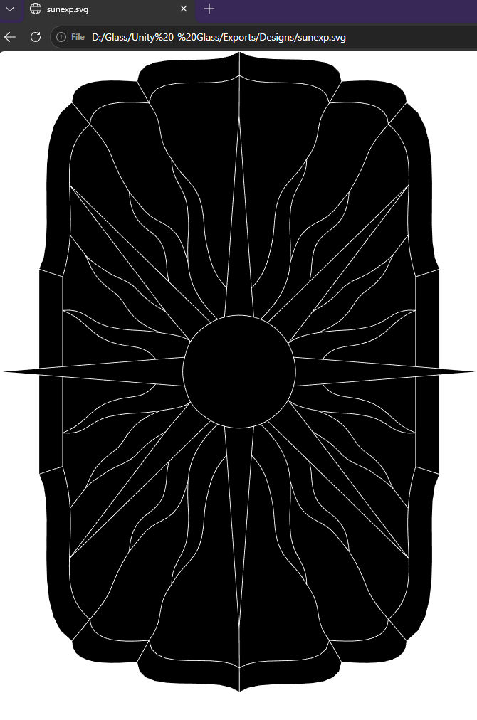 Glass design editor showing a sun-panel stained glass layout and preview